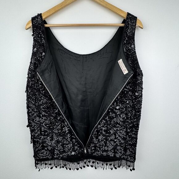 Vintage Heavy Beaded Fringe Tank Women M Black Sequin 50s 60s Old Hollywood Glam - Picture 10 of 16